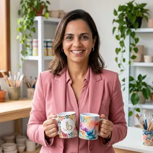 Julia segurando canecas personalizadas